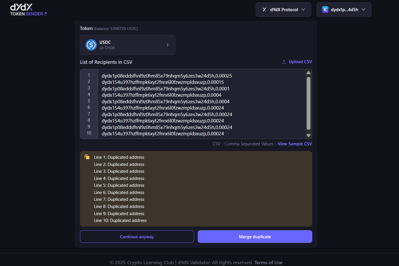 Duplicate address handling selection screen